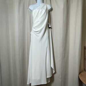 Adrianna Papell Jumpsuit Womens 14P Ivory Solid Knit Crepe One Shoulder Draped